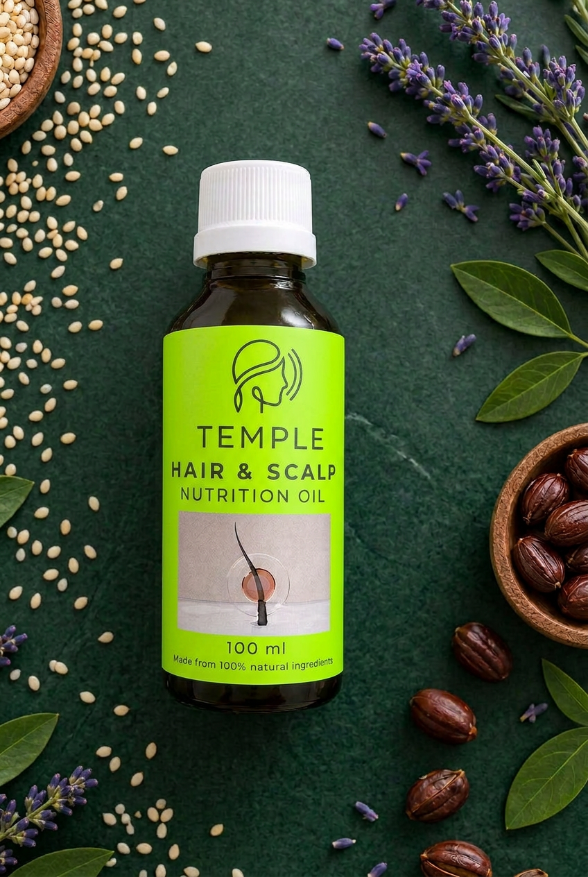 Temple Scalp & Hair Growth Oil with neon-lime label